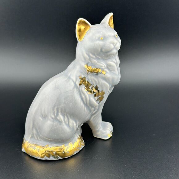 Vintage Porcelain Hand-painted Gold on Gray Sitting Cat Figurine 4.25" H - Picture 1 of 10